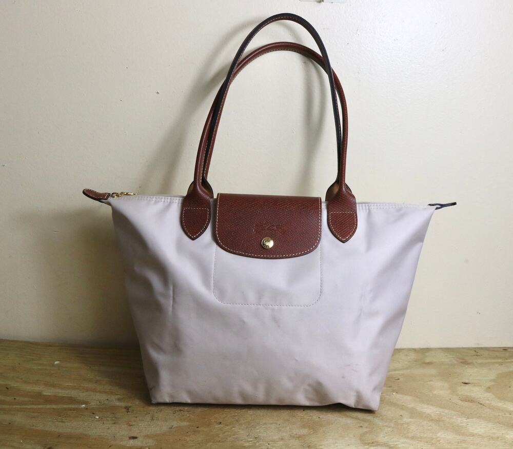 Longchamp Le Pliage Tote Nylon White Off White Brown Leather Shoulder Bag